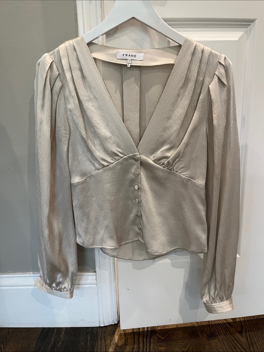 Frame Denim Satin V-Neck Pleated Shoulder Blouse in Champagne Taupe